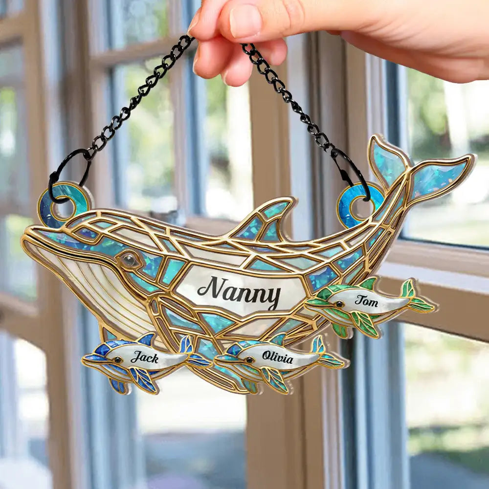 Dolphin Mom Grandma Stained Glass Effect - Personalized Window Hanging Suncatcher Ornament