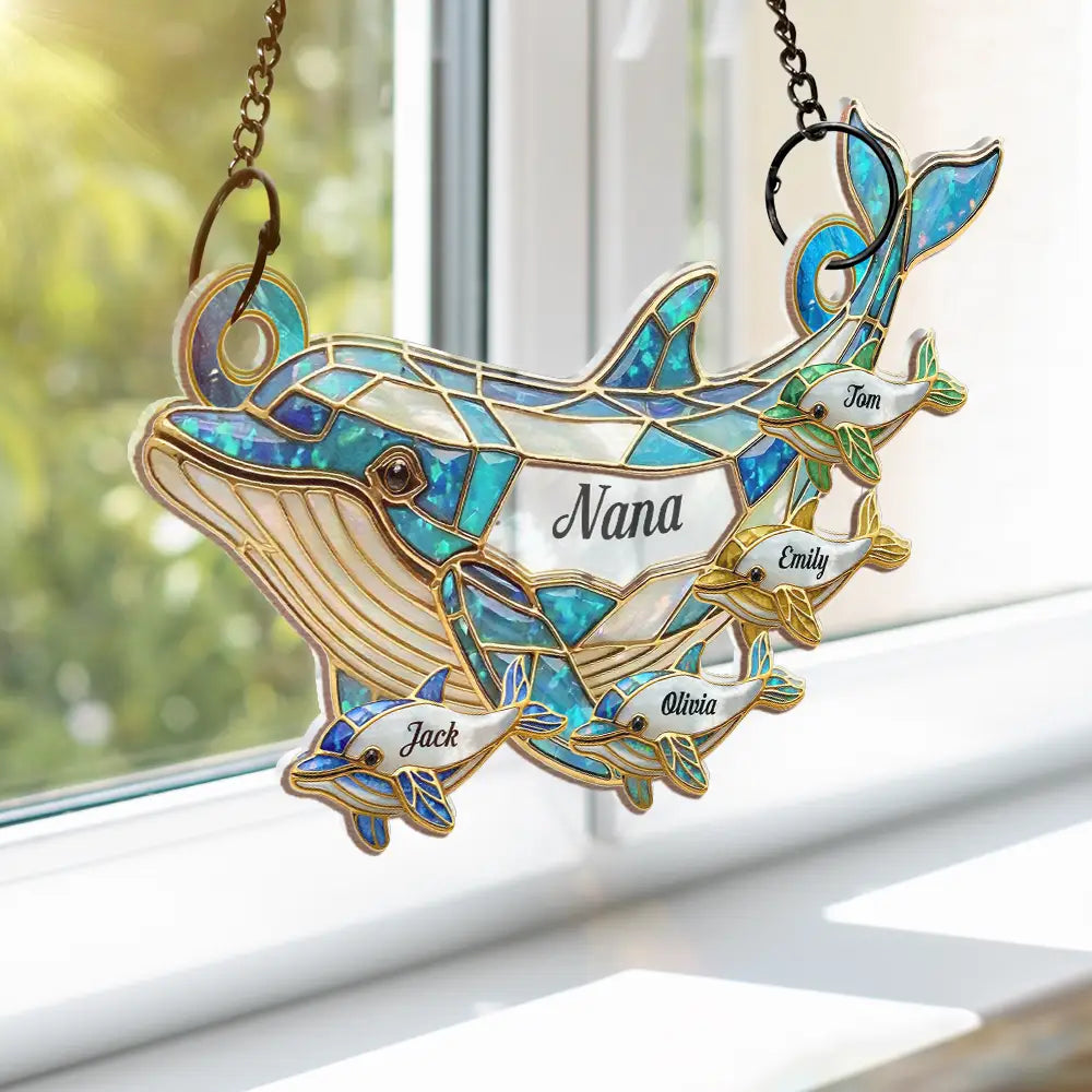 Dolphin Mom Grandma Stained Glass Effect - Personalized Window Hanging Suncatcher Ornament