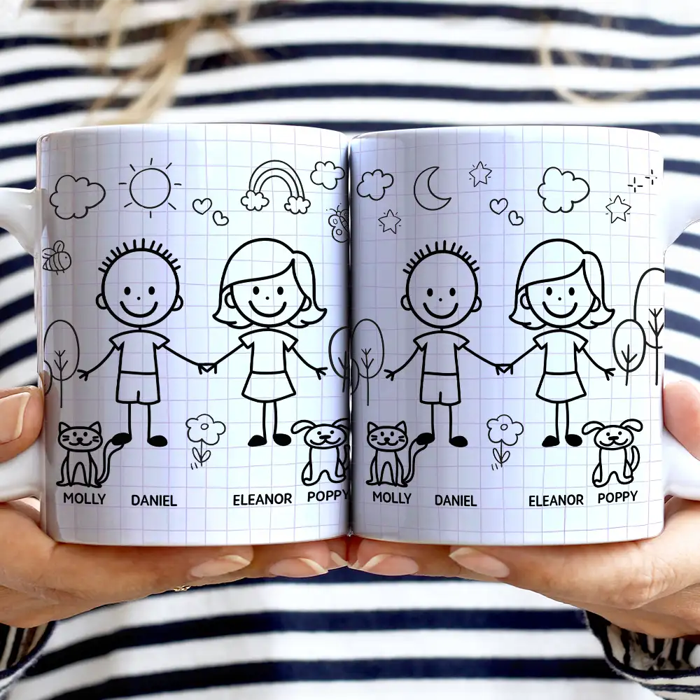 Gift For Couples,Gift For Husband,Gift For Wife,Gift For Boyfriend,Gift For Girlfriend,Dog Lovers,Dog Couple,Cat Lovers,Cat Couple,Pet Lovers,Pet Couple,Love - Doodle Stick Figure Couple With Dog Cat - Personalized White Edge-to-Edge Mug