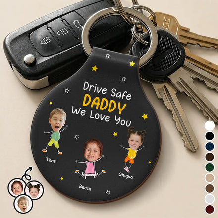 Custom Photo Drive Safe Daddy Grandpa Stick Figures - Personalized Custom Shaped Leather Keychain
