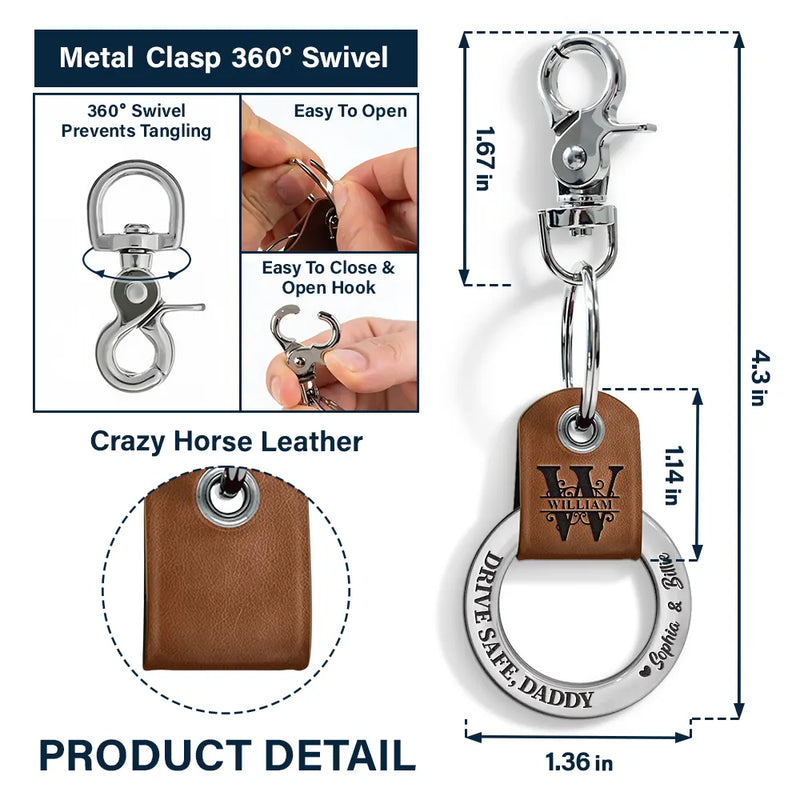 Gift For Father,Gift For Grandpa,Love - Drive Safe Daddy Monogram Initial - Personalized Leather Coordinates Keychain
