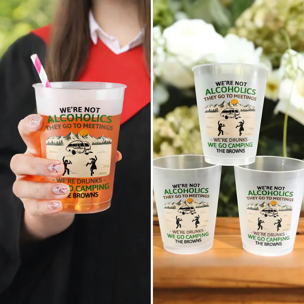 Playful, Camping, Family, Summer, Custom Text - Drunk Stick Figure We Go Camping - Personalized Frosted Cups