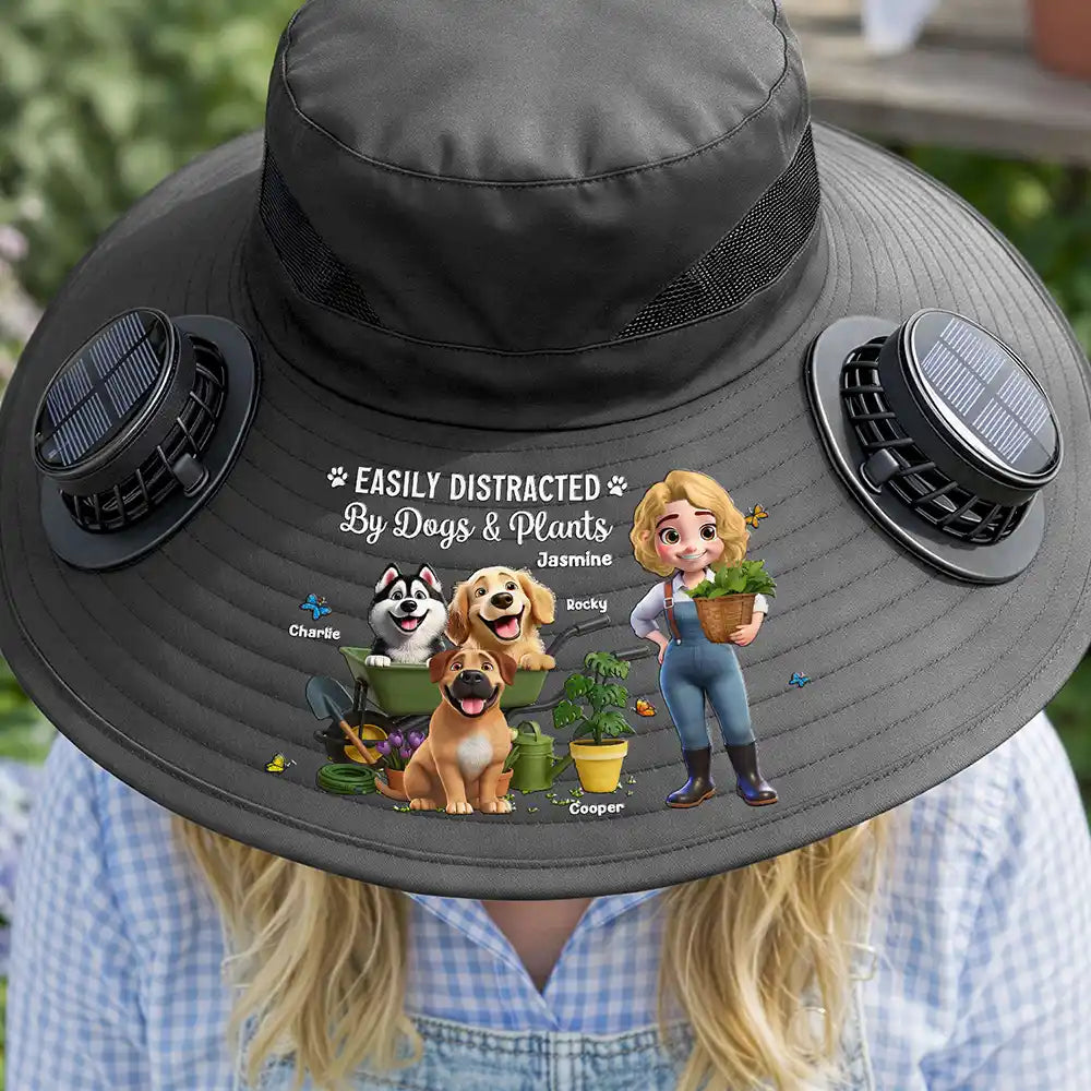 Easily Distracted By Dogs And Plants - Personalized Solar Fan Hat