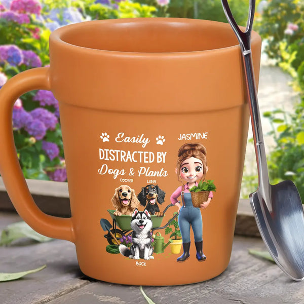 Gardening,Gift For Women,Gift For Men,Pet Lovers,Pet Mom,Pet Dad,Dog Lovers,Dog Mom,Dog Dad,Happy - Easily Distracted By Dogs And Plants - Personalized Plant Pot Ceramic Mug