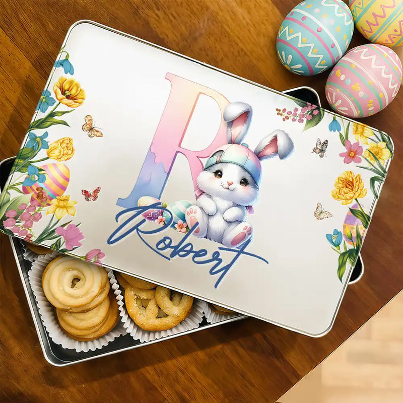 Easter,Happy,Gift For Kids,Parents - Easter Bunny Alphabet Letters - Personalized Metal Biscuit Tin