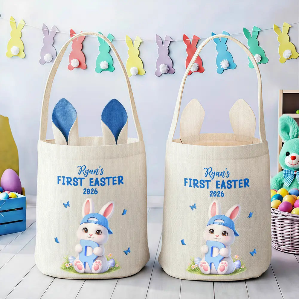 Gift For Kids,Grandma,Grandkids,Gift For Grandkids,Dad,Children,Mom,Easter,Happy - Easter Bunny Holding Alphabet Letter - Personalized Bunny Ears Bucket Bag