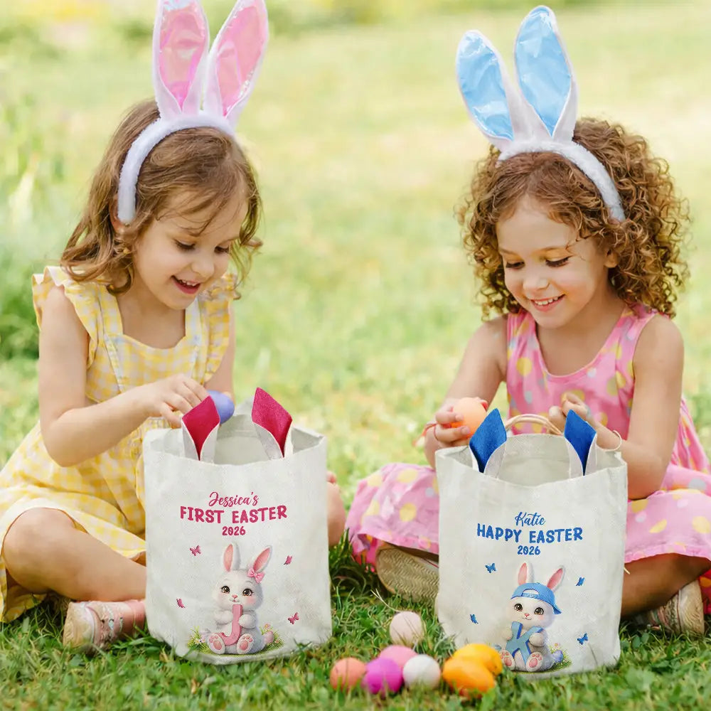 Gift For Kids,Grandma,Grandkids,Gift For Grandkids,Dad,Children,Mom,Easter,Happy - Easter Bunny Holding Alphabet Letter - Personalized Bunny Ears Bucket Bag
