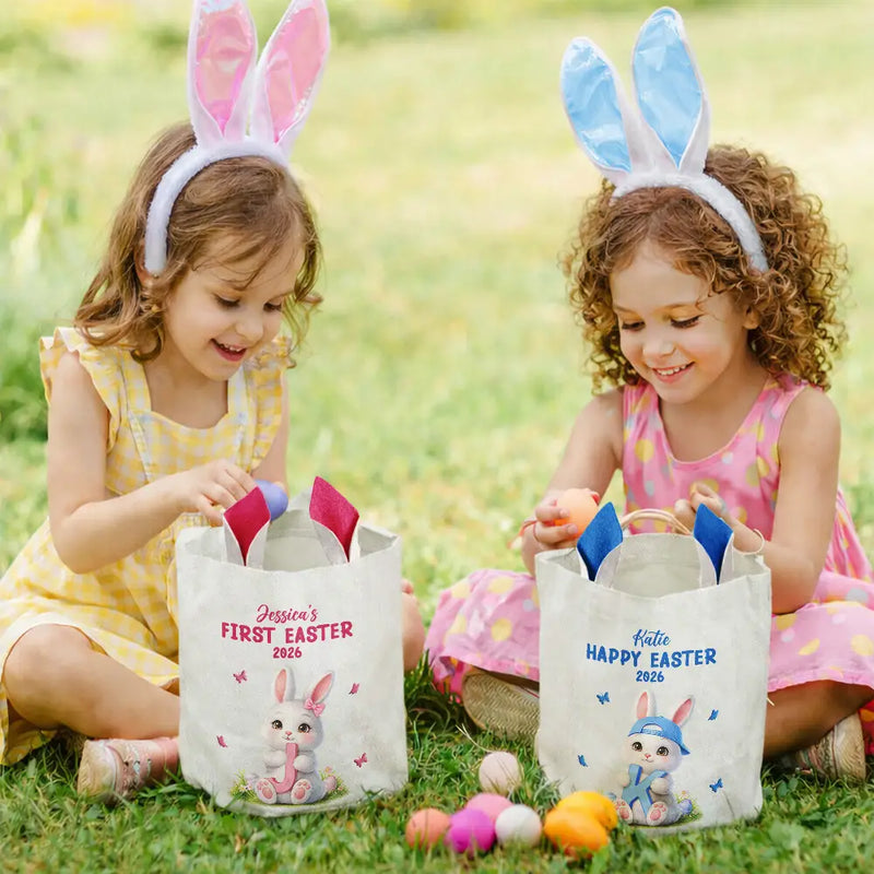 Gift For Kids,Grandma,Grandkids,Gift For Grandkids,Dad,Children,Mom,Easter,Happy - Easter Bunny Holding Alphabet Letter - Personalized Bunny Ears Bucket Bag
