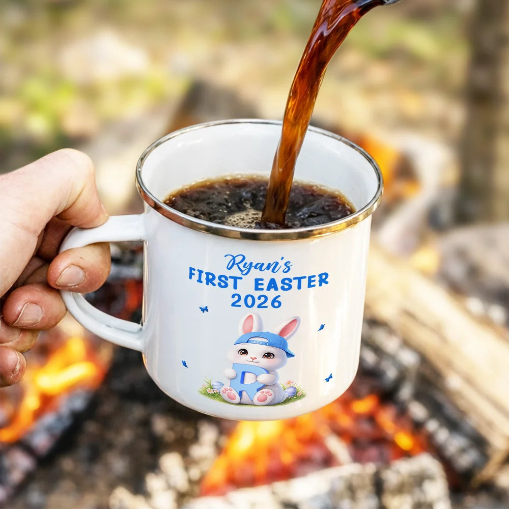 Gift For Kids,Grandma - Grandkids,Gift For Grandkids,Dad - Children,Mom - Children,Easter,Happy - Easter Bunny Holding Alphabet Letter - Personalized Enamel Mug
