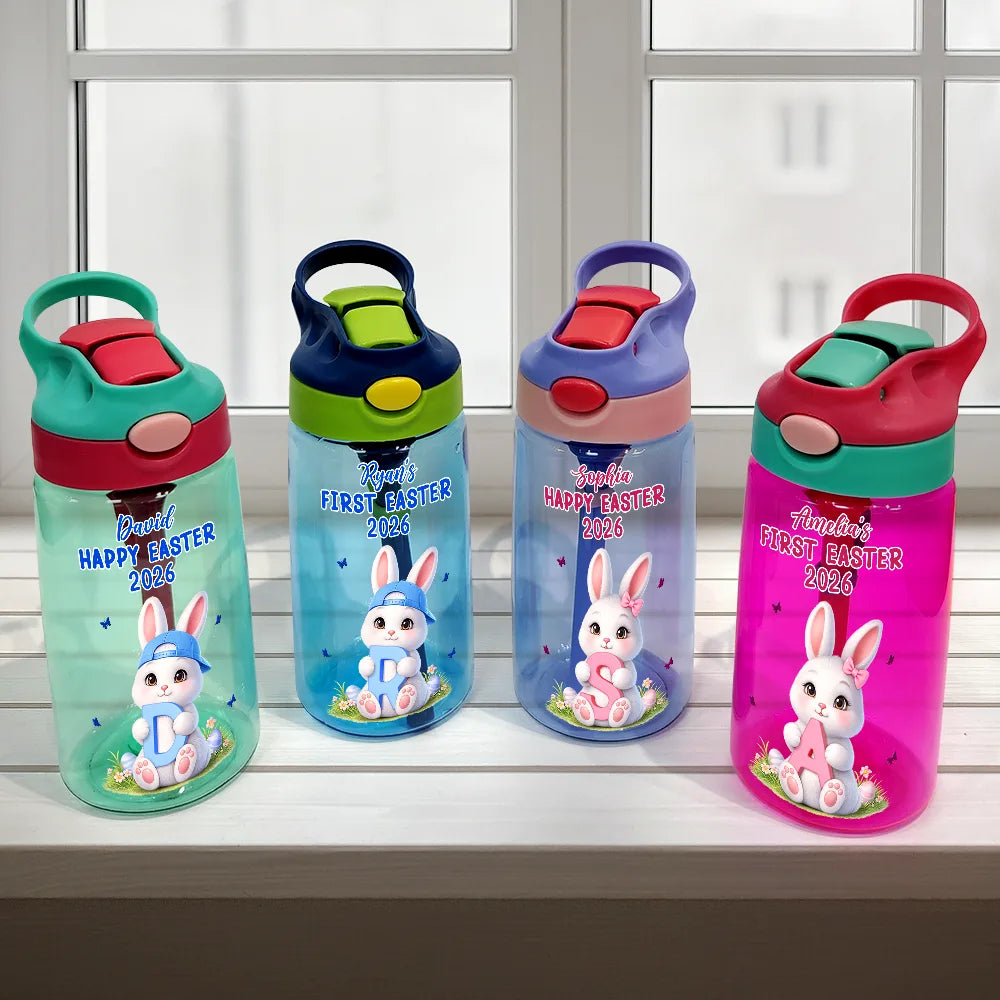 Gift For Kids,Grandma - Grandkids,Gift For Grandkids,Dad - Children,Mom - Children,Easter,Happy - Easter Bunny Holding Alphabet Letter - Personalized Kids Water Bottle With Straw