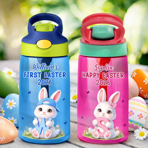 Gift For Kids,Grandma - Grandkids,Gift For Grandkids,Dad - Children,Mom - Children,Easter,Happy - Easter Bunny Holding Alphabet Letter - Personalized Kids Water Bottle With Straw