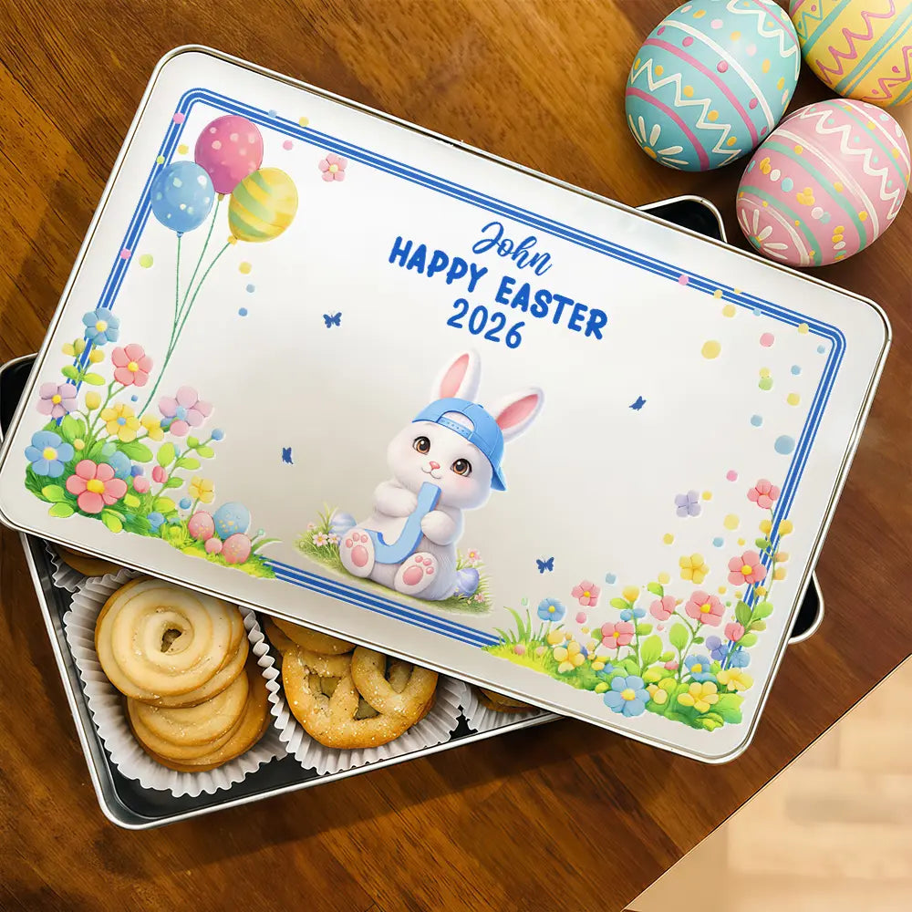 Gift For Kids,Grandma - Grandkids,Gift For Grandkids,Dad - Children,Mom - Children,Easter,Happy - Easter Bunny Holding Alphabet Letter - Personalized Metal Biscuit Tin