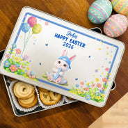 Gift For Kids,Grandma - Grandkids,Gift For Grandkids,Dad - Children,Mom - Children,Easter,Happy - Easter Bunny Holding Alphabet Letter - Personalized Metal Biscuit Tin