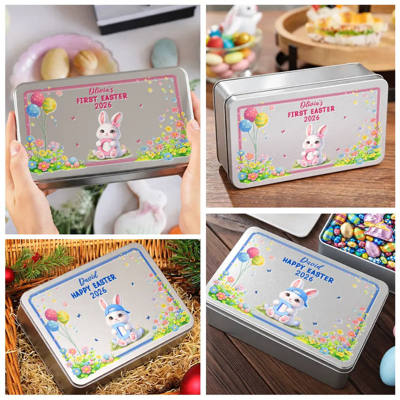 Gift For Kids,Grandma - Grandkids,Gift For Grandkids,Dad - Children,Mom - Children,Easter,Happy - Easter Bunny Holding Alphabet Letter - Personalized Metal Biscuit Tin