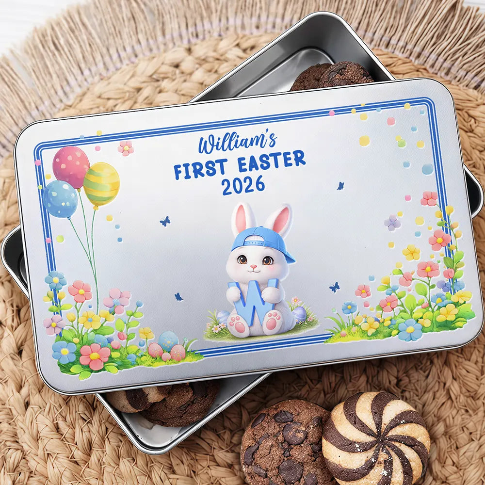 Gift For Kids,Grandma - Grandkids,Gift For Grandkids,Dad - Children,Mom - Children,Easter,Happy - Easter Bunny Holding Alphabet Letter - Personalized Metal Biscuit Tin