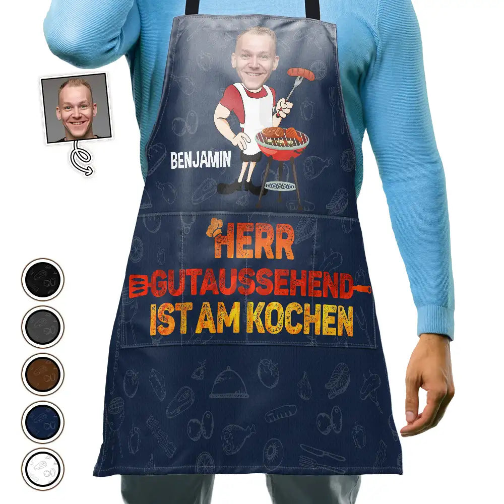 Gift For Father,Gift For Grandpa,Grandpa's Hobby,Dad's Hobby,Grilling,Funny,Custom Photo,Non-Eng,German - Eigenes Foto Herr Gutaussehend Ist Am Kochen - Personalisierte Schürze