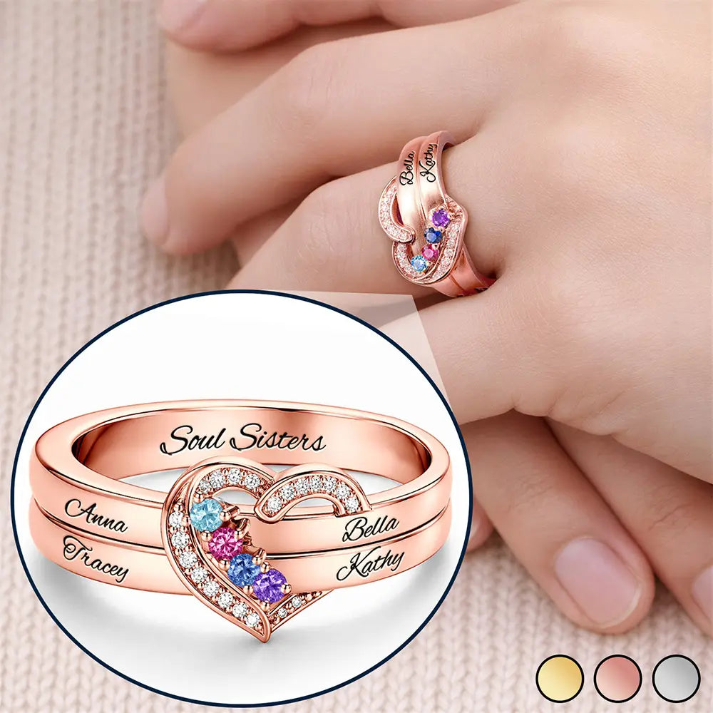 Gift For Women,Gift For Yourself,Gift For Mother,Love,Happy,Gift For Bestie - Elegant Custom Name Gemstones For Besties - Personalized Birthstone Heart Ring