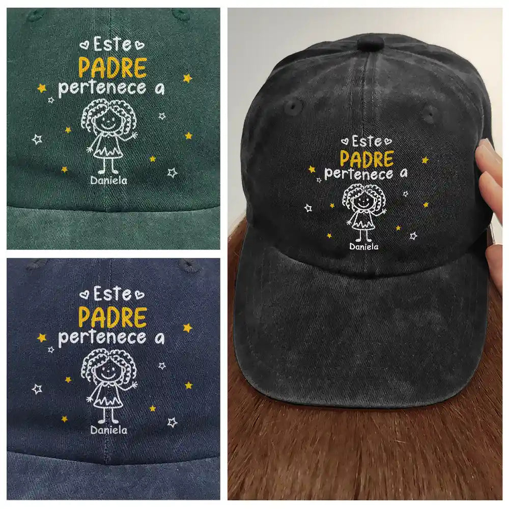 Gift For Yourself,Gift For Men,Gift For Grandpa,Gift For Father,Dog Dad,Cat Dad,Pet Dad,Gift For Mother,Gift For Grandma,Happy,Spanish,Stick Figure - Este Abuelo Papá Pertenece A - Gorra De Denim Lavado Vintage Personalizada