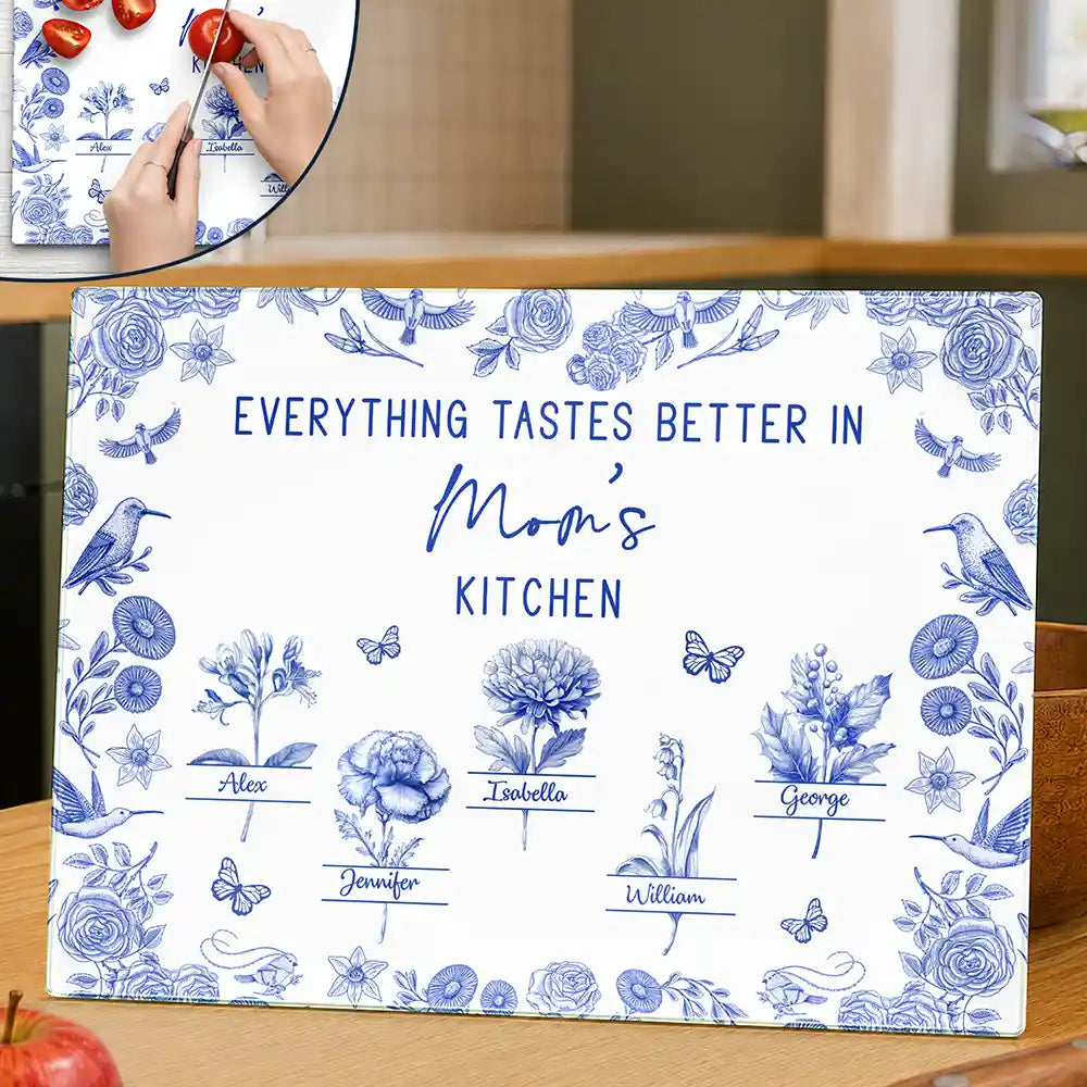Everything Tastes Better In Mom Grandma Kitchen Toile Birth Flower - Personalized Cutting Board