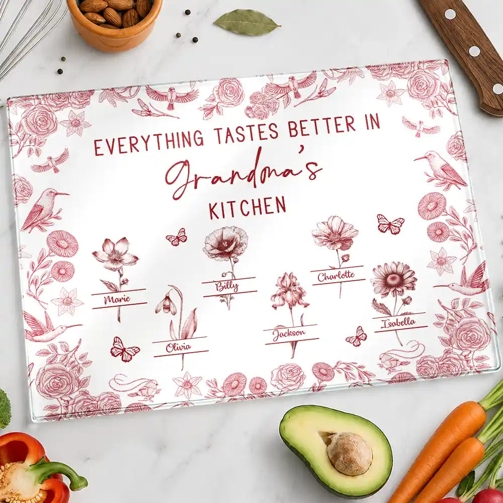 Gift For Mother,Cooking,Adorable,Icon - Everything Tastes Better In Mom Grandma Kitchen Toile Birth Flower - Personalized Cutting Board