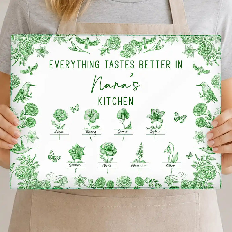 Gift For Mother,Cooking,Adorable,Icon - Everything Tastes Better In Mom Grandma Kitchen Toile Birth Flower - Personalized Cutting Board