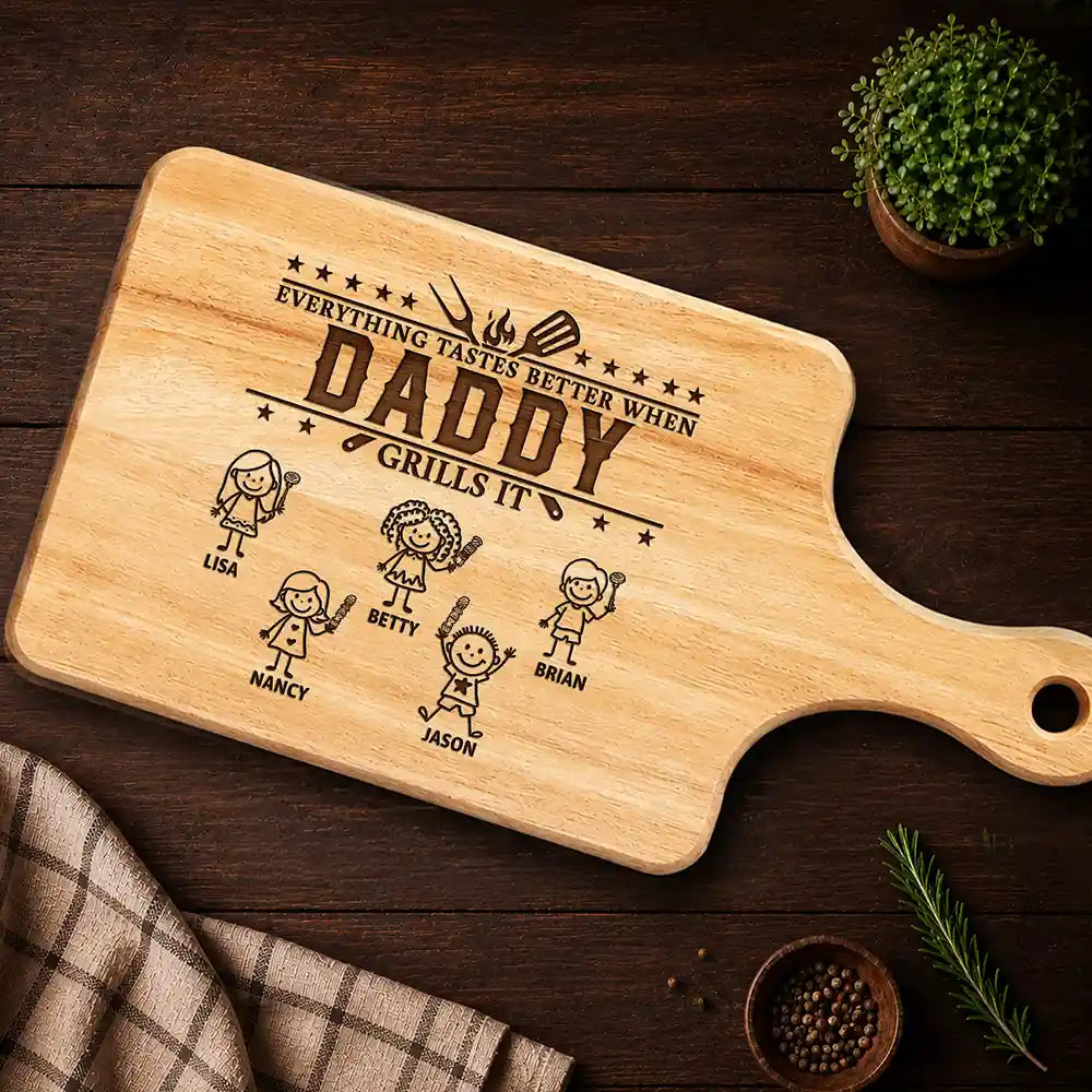 Gift For Father,Gift For Grandpa,Grilling,Top Market,Icon - Everything Tastes Better When Grandpa Daddy Grills It - Personalized Wooden Cutting Board