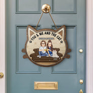 You & Me And The Cats - Gift For Cat Lovers, Gift For Couple - Personalized Custom Shaped Wood Sign