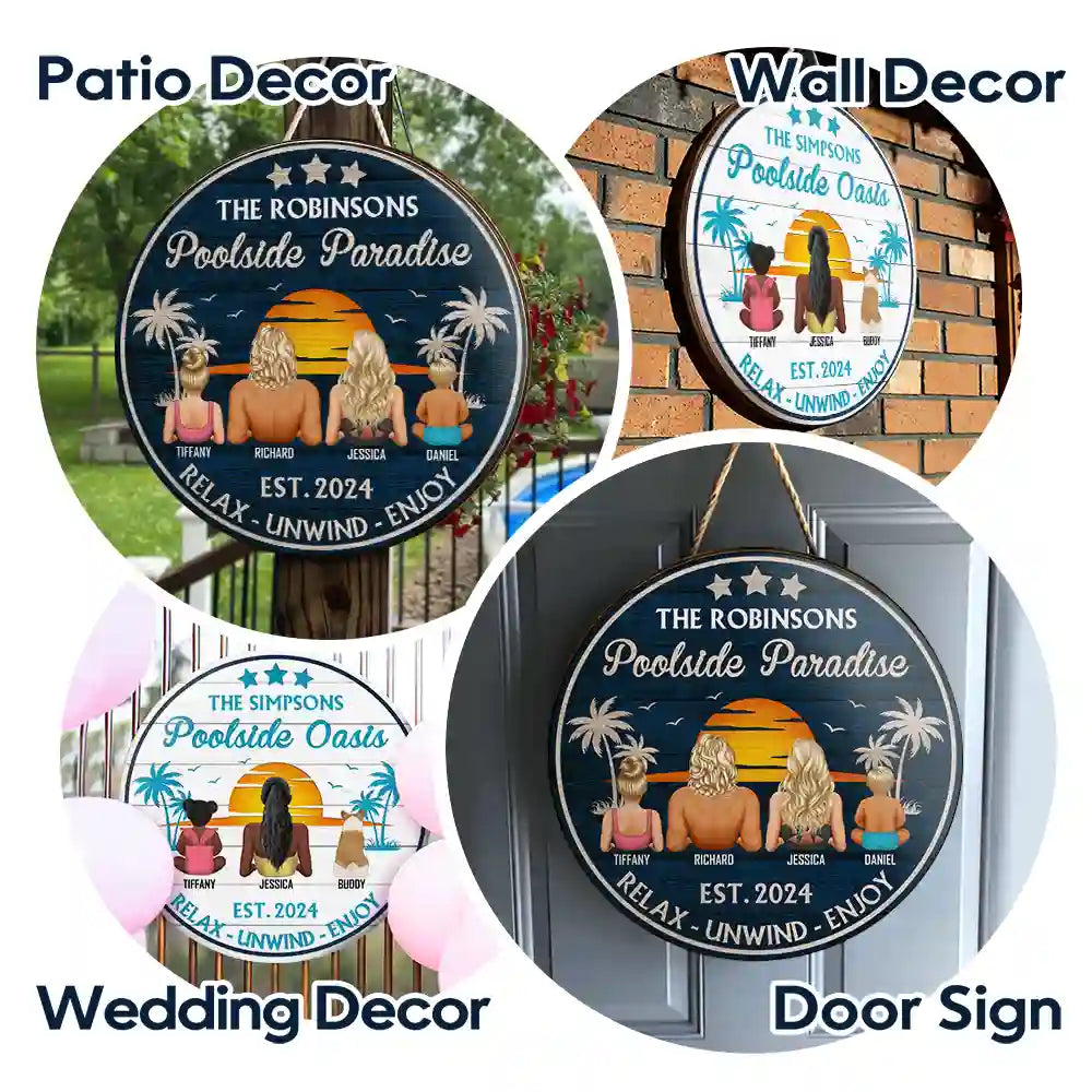Poolside Paradise Family - Personalized Wood Circle Sign