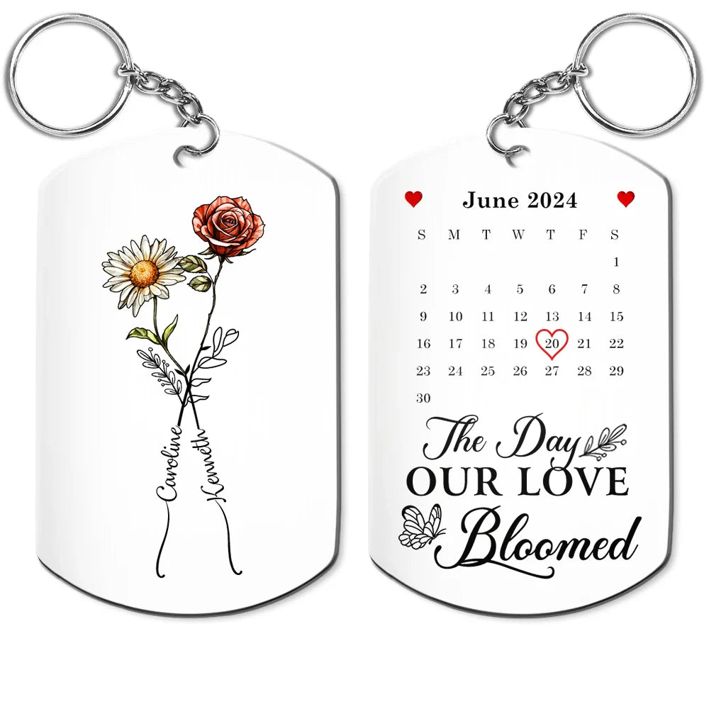 Birth Flowers With Calendar Our Love Bloomed - Personalized Aluminum Keychain