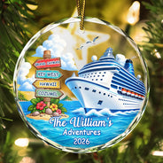 Travel,Christmas,Family,Icon,Happy - Family Adventure Cruise Trip Travel - Personalized Circle Glass Ornament