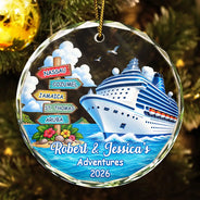 Travel,Christmas,Family,Icon,Happy - Family Adventure Cruise Trip Travel - Personalized Circle Glass Ornament
