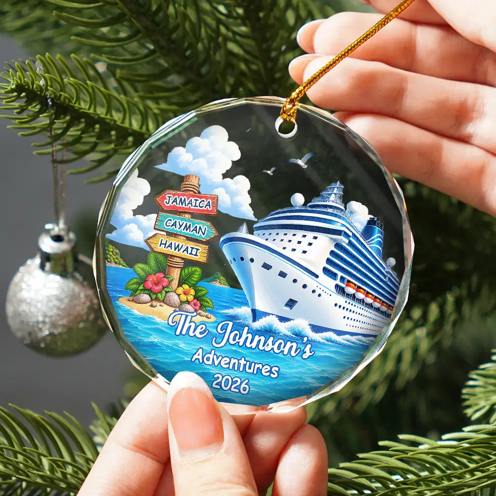 Travel,Christmas,Family,Icon,Happy - Family Adventure Cruise Trip Travel - Personalized Circle Glass Ornament
