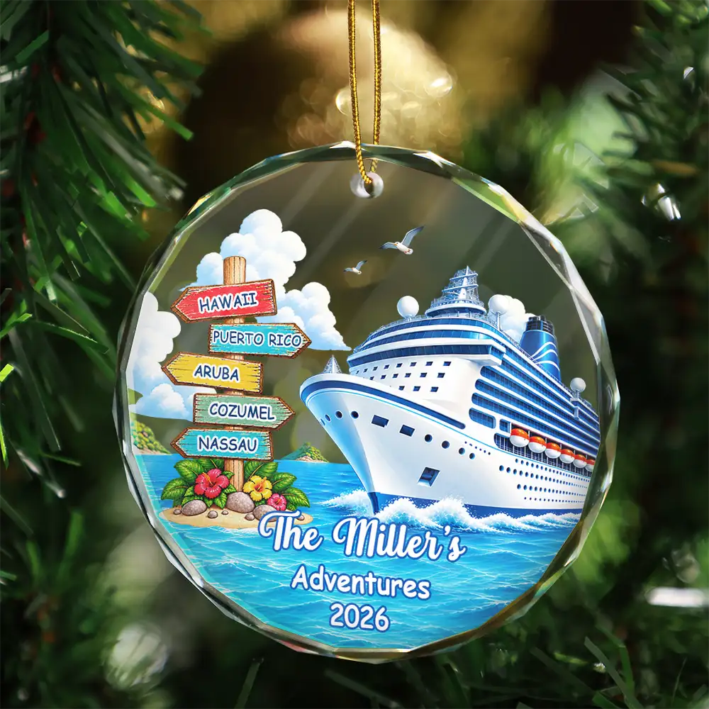 Travel,Christmas,Family,Icon,Happy - Family Adventure Cruise Trip Travel - Personalized Circle Glass Ornament