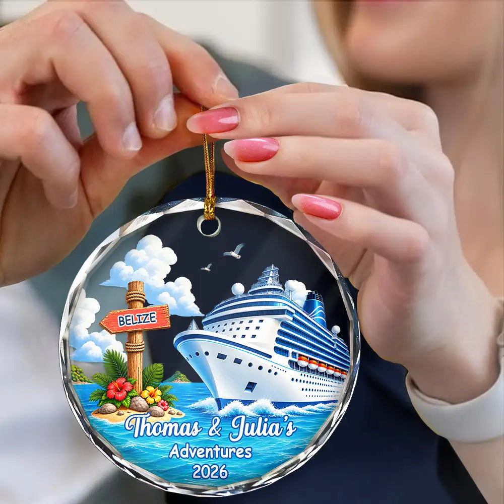 Travel,Christmas,Family,Icon,Happy - Family Adventure Cruise Trip Travel - Personalized Circle Glass Ornament