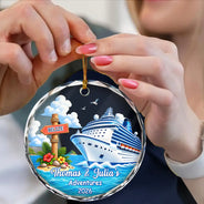 Travel,Christmas,Family,Icon,Happy - Family Adventure Cruise Trip Travel - Personalized Circle Glass Ornament