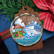 Travel,Christmas,Family,Icon,Happy - Family Adventure Cruise Trip Travel - Personalized Circle Glass Ornament