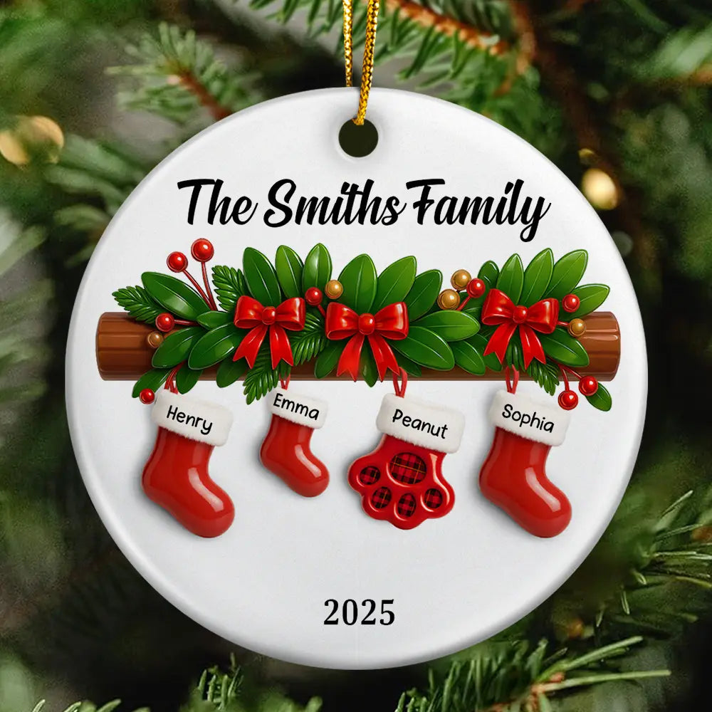 Family,Pet Lovers,Pet Mom,Pet Dad,Pet Couple,Dog Lovers,Dog Couple,Dog Mom,Dog Dad,Cat Lovers,Cat Mom,Cat Dad,Cat Couple,Happy,Christmas,Gift For Women,Gift For Men - Family Christmas Stockings Ceramic Effect - Personalized Circle Ceramic Ornament