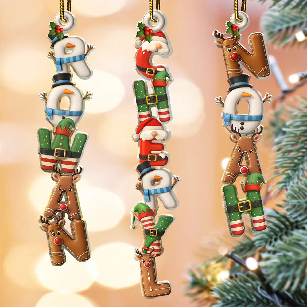 Family,Gift For Couples,Gift For Yourself,Happy - Family Couple Bestie 3D Effect Santa Elf Snowman Reindeer Name - Personalized Custom Shaped Acrylic Ornament