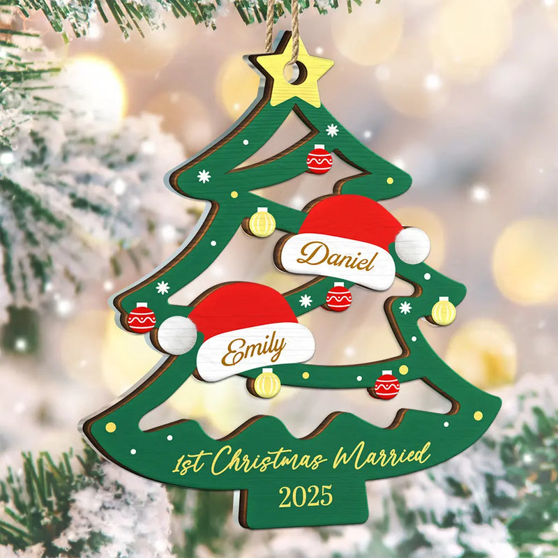 Gift For Couples,Family,Happy,Christmas - Family Friend Santa Hat Christmas Tree - Personalized 2-Layered Mix Ornament
