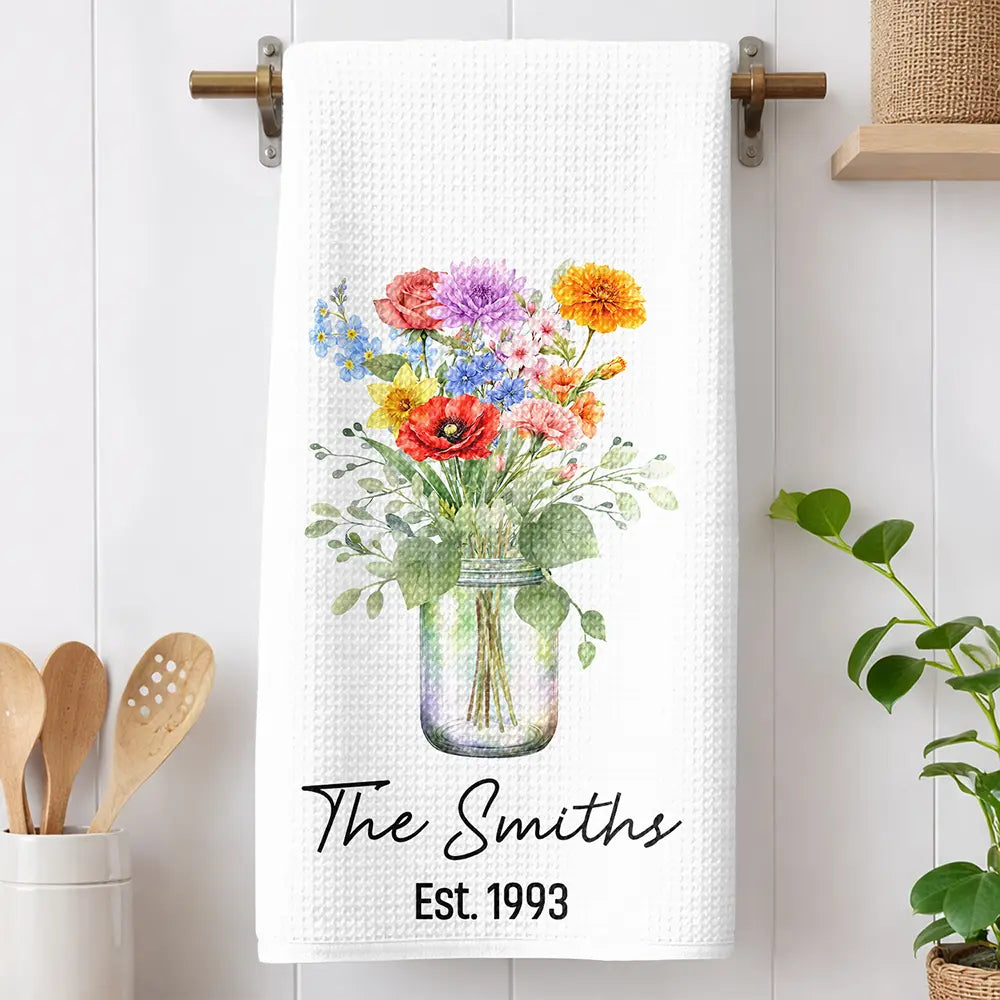 Family Grandma Mom Watercolor Birth Flower Jar - Personalized Kitchen Towel