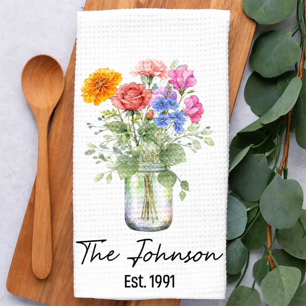 Gift For Wife,Gift For Mother,Gift For Grandma,Happy,Family - Family Grandma Mom Watercolor Birth Flower Jar - Personalized Kitchen Towel