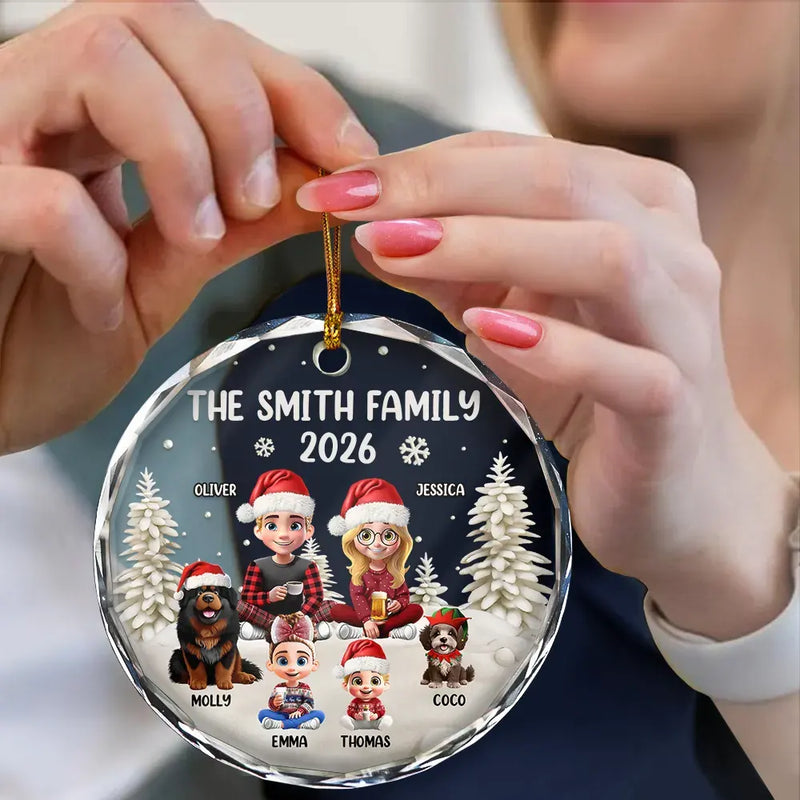 Family Kid Dog Cat - Personalized Circle Glass Ornament