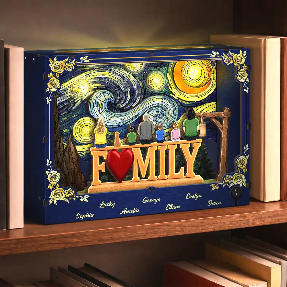Family,Pet Lovers,Happy,Love,Non-Eng,Vector,Sentimental - Family Members Including Dog And Cat Love Starlit Night - Personalized DIY Book Nook Kit