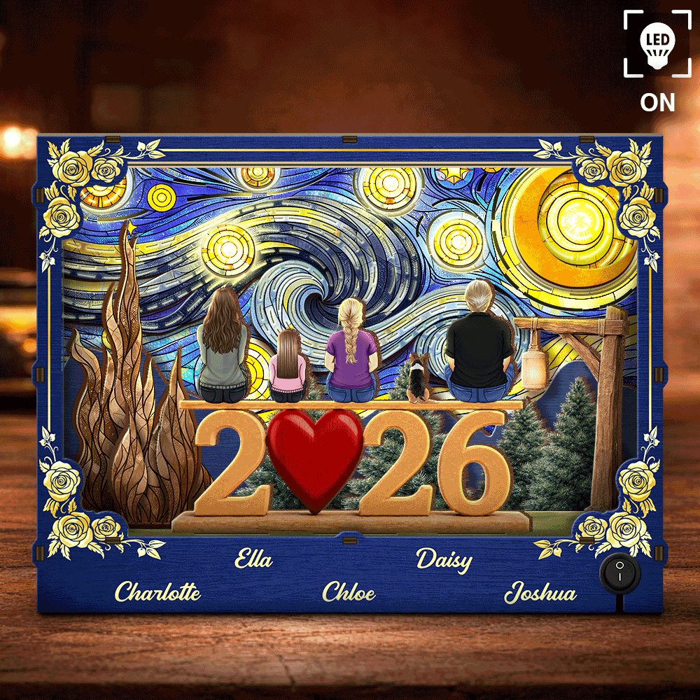 Family,Pet Lovers,Happy,Love,Non-Eng,Vector,Sentimental - Family Members Including Dog And Cat Love Starlit Night - Personalized DIY Book Nook Kit