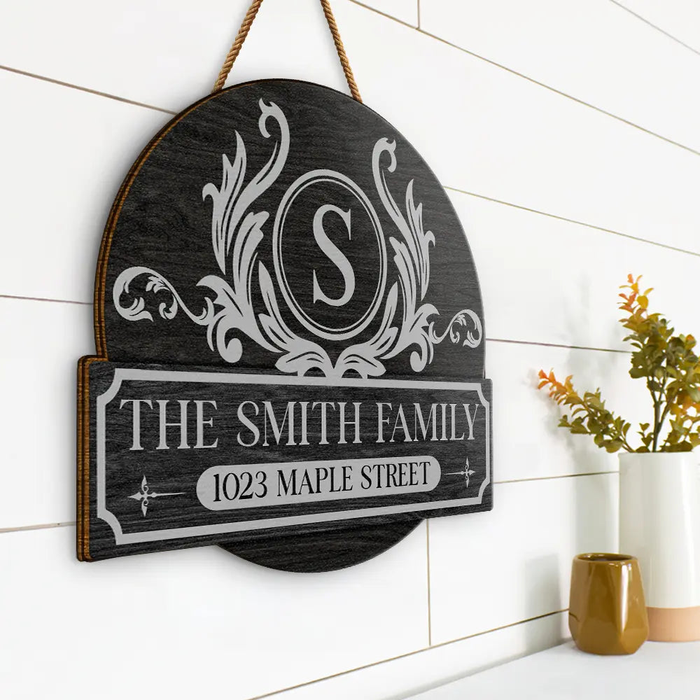 Family,Happy - Family Monogram With Address - Personalized Custom Shaped Wood Sign