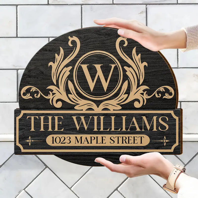 Family,Happy - Family Monogram With Address - Personalized Custom Shaped Wood Sign