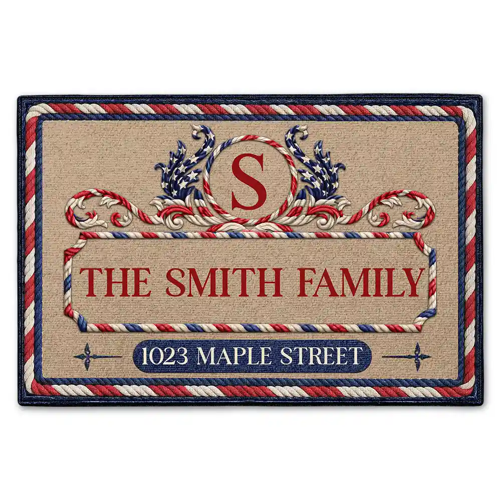 Family Monogram With Address Stars & Stripes - Personalized Doormat