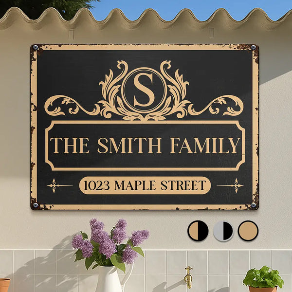 Family, Gift For Couples, Happy - Family Monogram With Address Vintage Decor - Personalized Classic Metal Signs