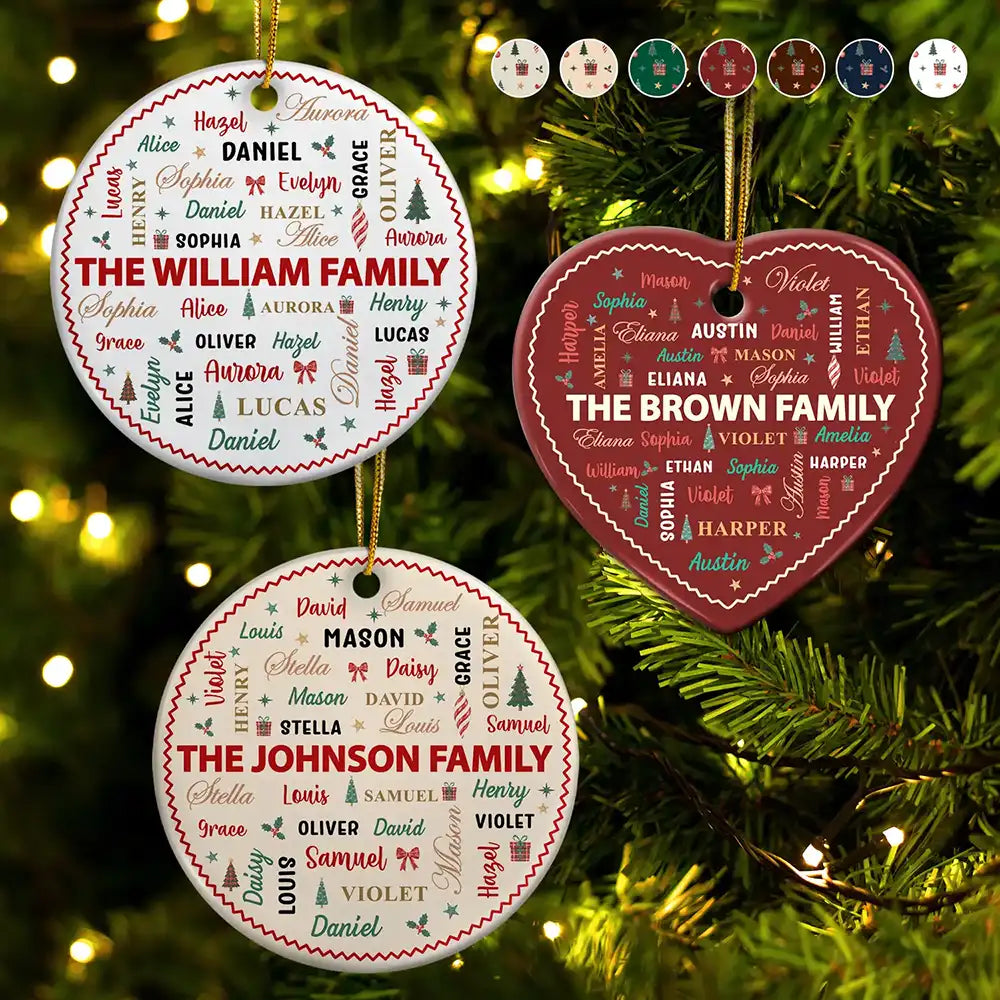 Christmas,Family,Custom Text,Happy - Family Name Christmas Pattern - Personalized Ceramic Ornament