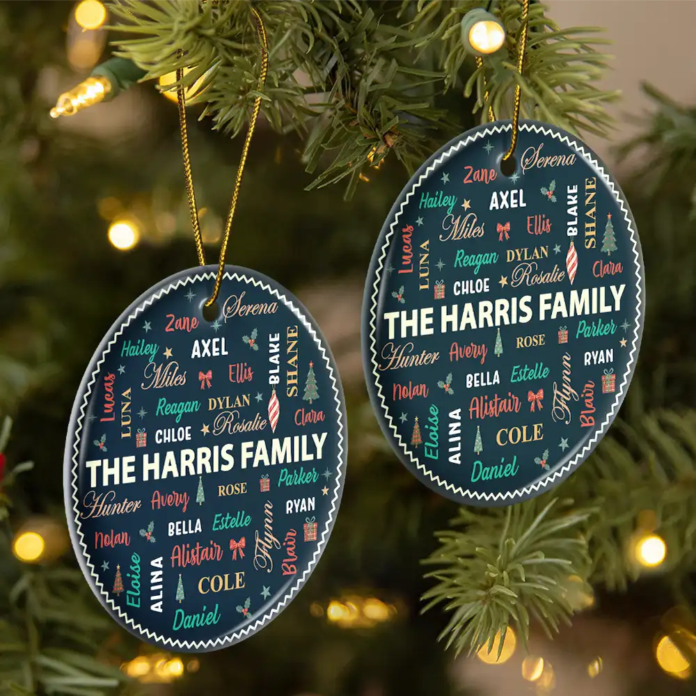 Christmas,Family,Custom Text,Happy - Family Name Christmas Pattern - Personalized Ceramic Ornament